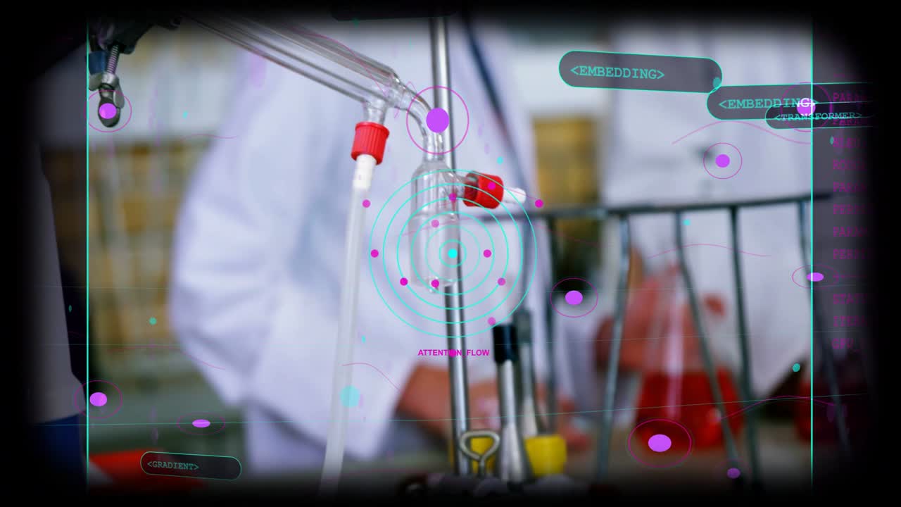 Camera pulling back as students using flasks while AR tags highlighting red solution for chem test