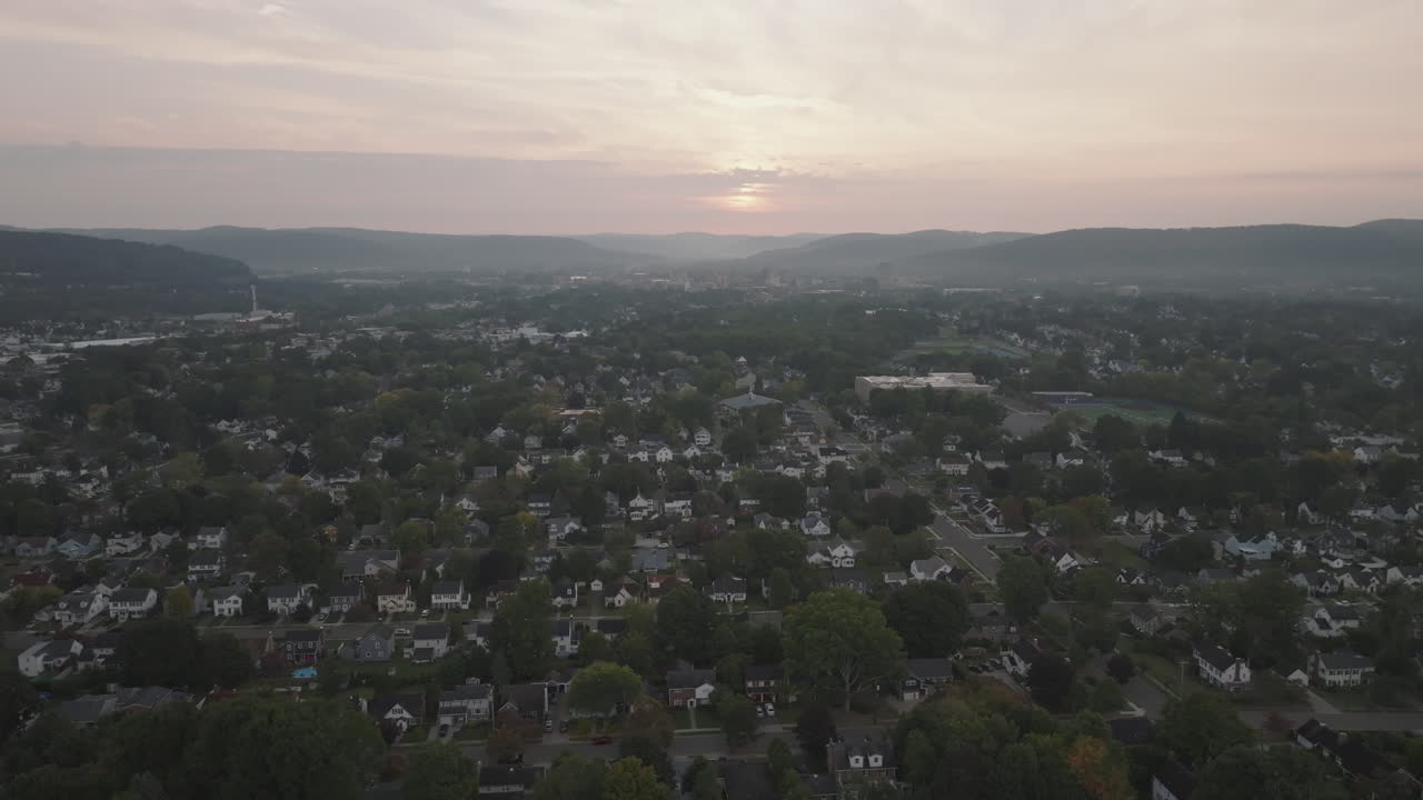 Aerial View of Suburban Town at Sunrise