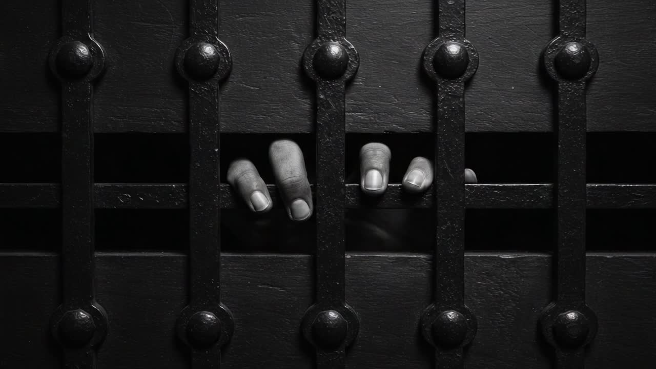A Captivating Image of an Outstretched Hand Grasping Through Barred Prison Gates, Symbolizing Desperation and the Struggle for Freedom Against Enclosure