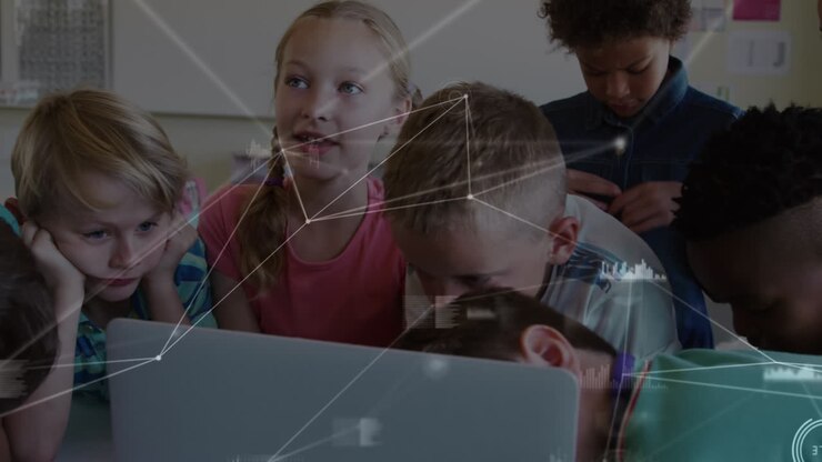 Animation of network of connections over diverse students using laptop