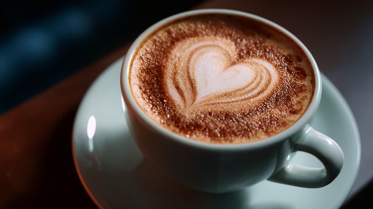 En smukt udformet cappuccino med et indviklet hjertedesign på toppen, der viser latte art-kunsten og dygtigheden i en hyggelig café.