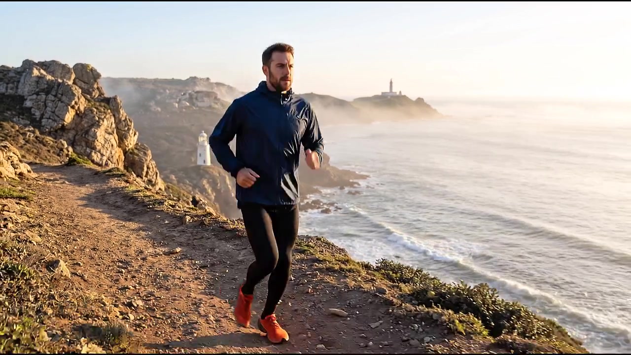 Corridore uomo che si allena lungo un sentiero costiero panoramico con vista sull'oceano all'alba