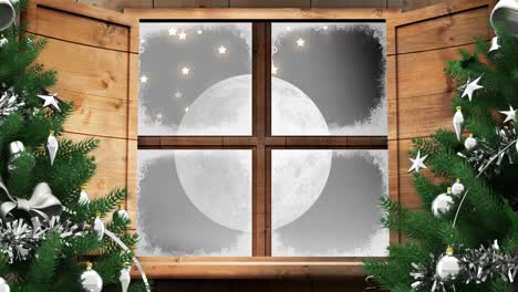 Zwei-Weihnachtsbäume-Und-Holzfensterrahmen-Vor-Leuchtenden-Sternen-Und-Mond-Am-Nachthimmel