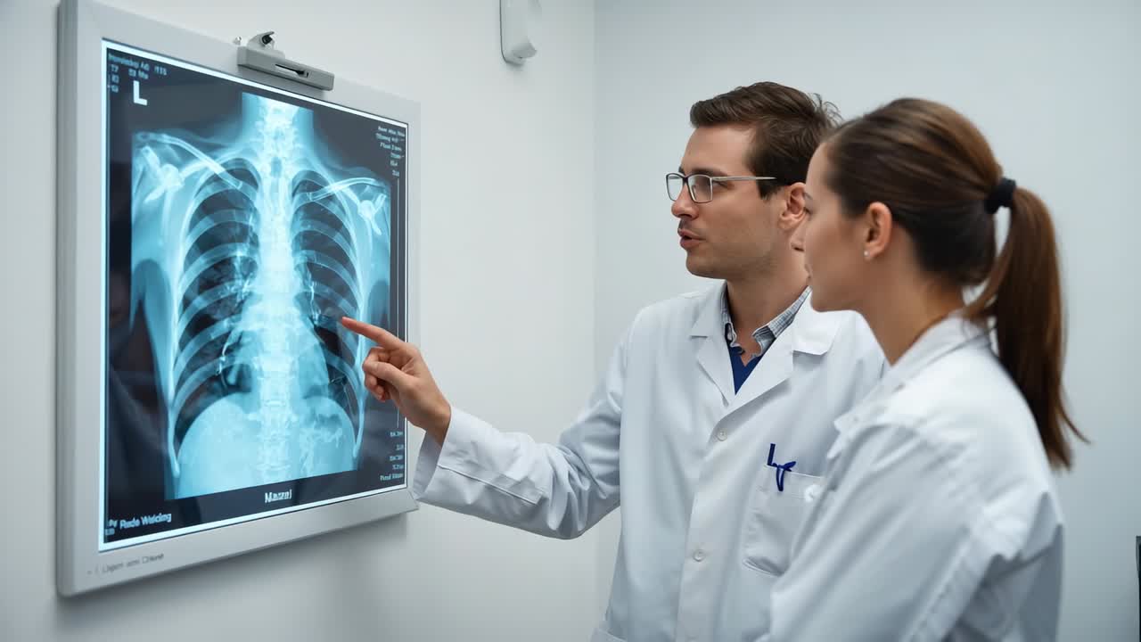 Raising hand male doctor explaining chest anatomy for diagnosis in lab with Xray panel, copy space