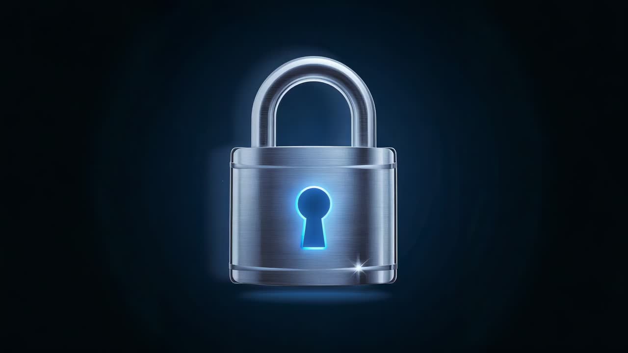 Playback starting chrome padlock rotating in studio, revealing lit blue keyhole showing reflections