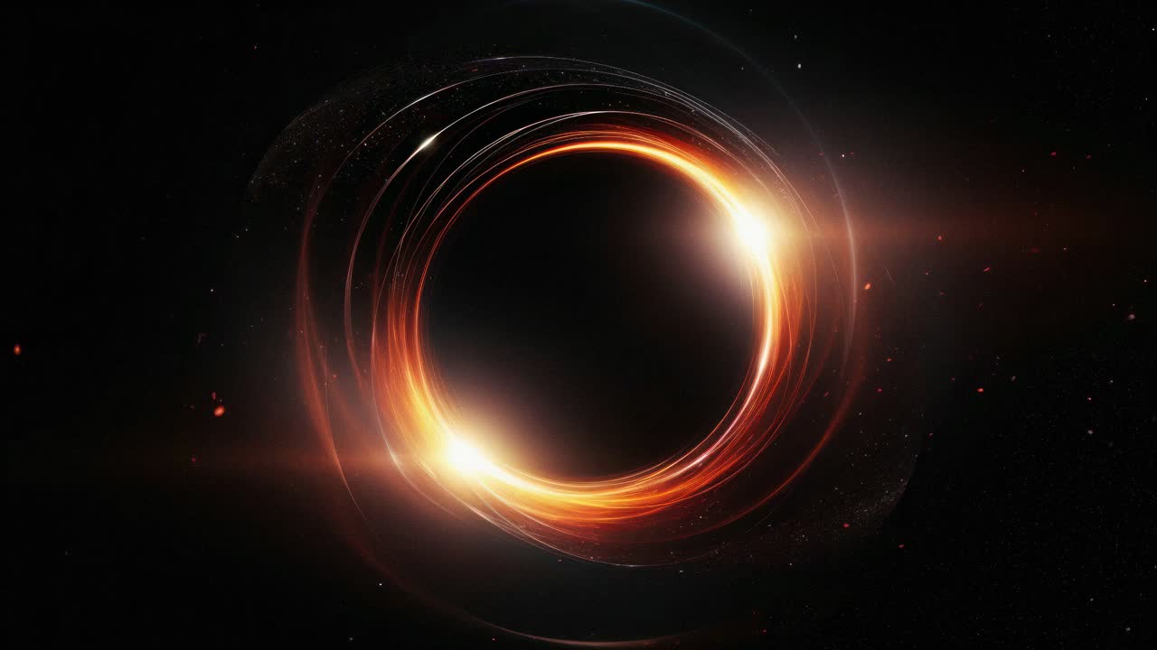 The video showcases a mesmerizing cosmic scene with a glowing black hole, using a dynamic