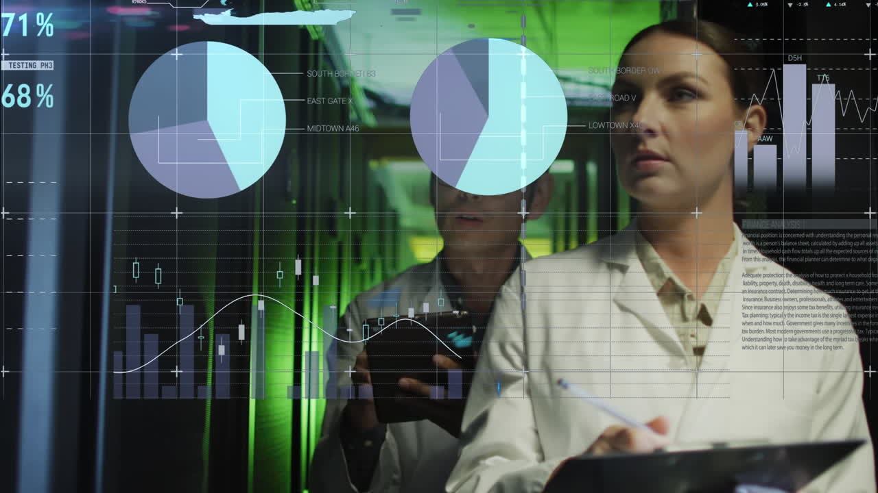 animación del procesamiento de datos financieros sobre diversos científicos en la sala del servidor.