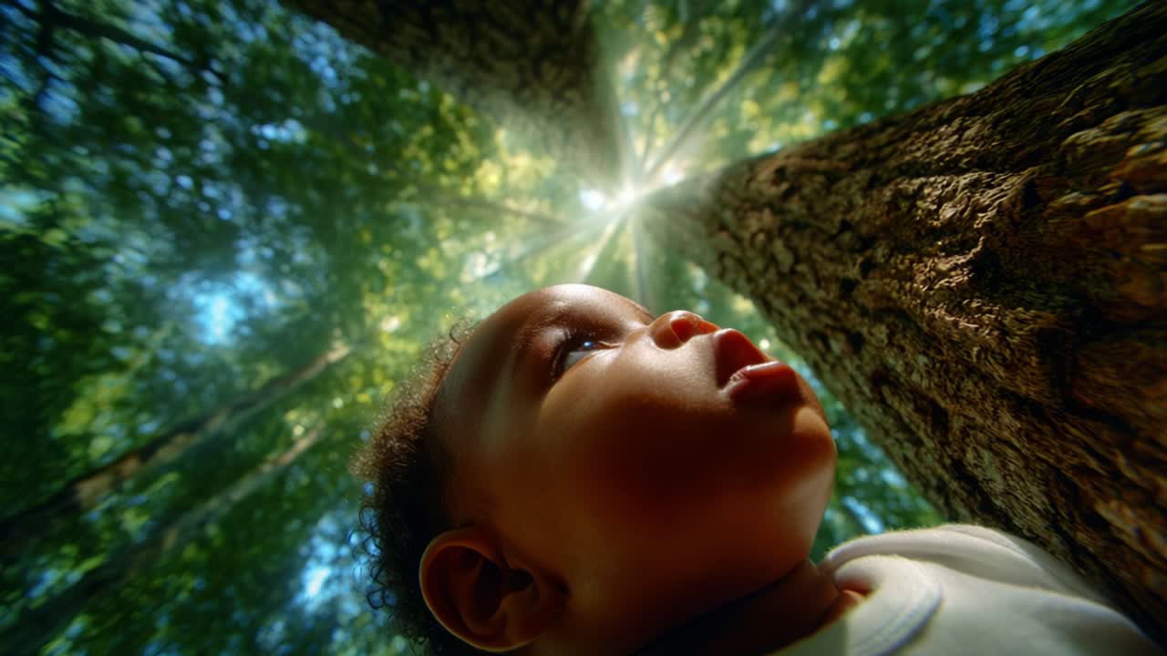 A child gazing upward in a serene forest, surrounded by majestic trees, as sunlight filters through the leaves, creating a magical atmosphere that mesmerizes with nature's beauty