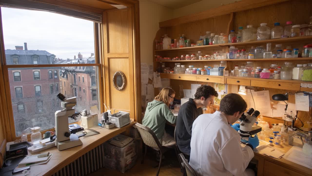 A Collaborative Scientific Research Scene in a Laboratory with Two Researchers Analyzing Samples under Microscopes Amidst Lab Equipment and a Scenic Window View