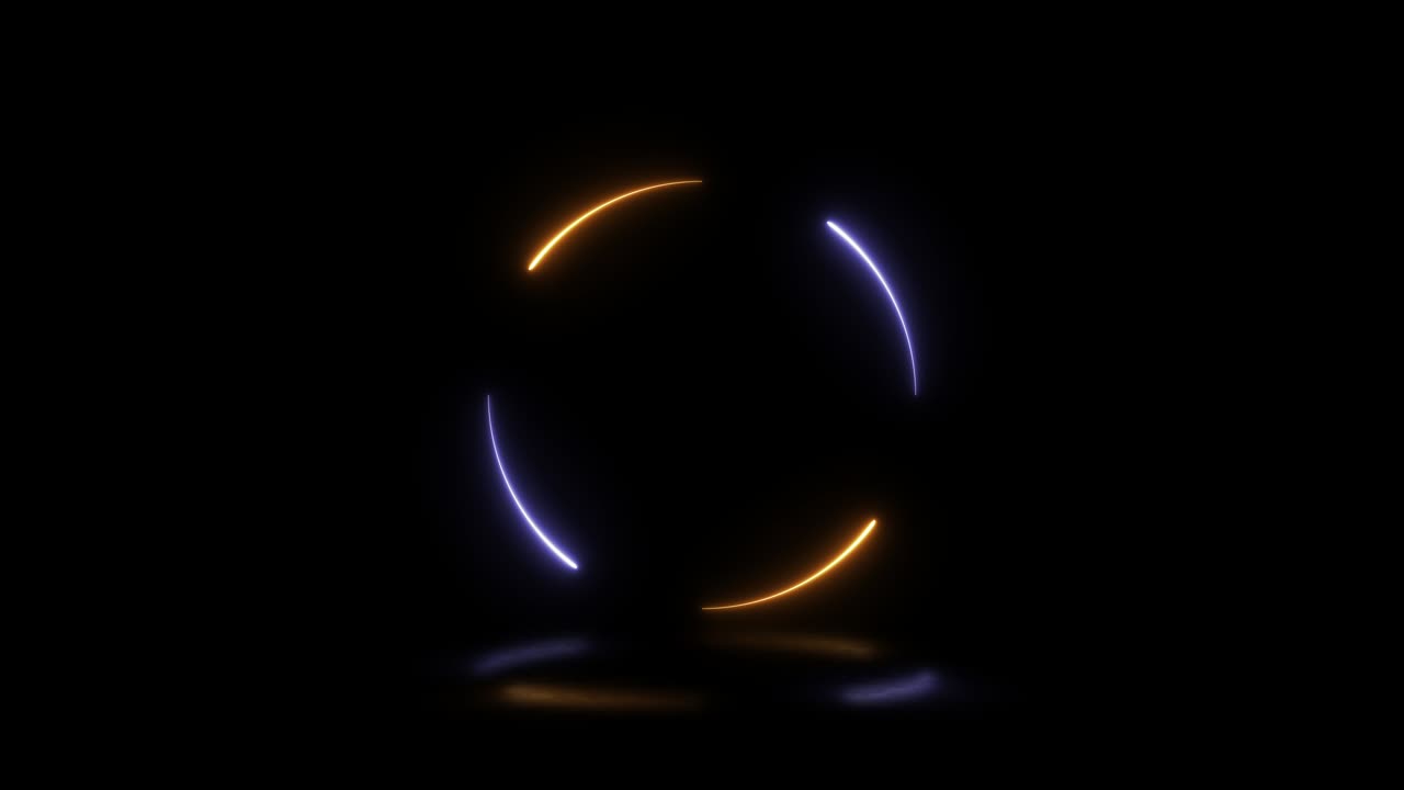 forma redonda con luces de neón naranja y violeta con reflejos en un fondo negro. diseño gráfico de señal de bucle sin costuras abstracto