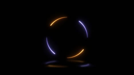 forma redonda con luces de neón naranja y violeta con reflejos en un fondo negro. diseño gráfico de señal de bucle sin costuras abstracto