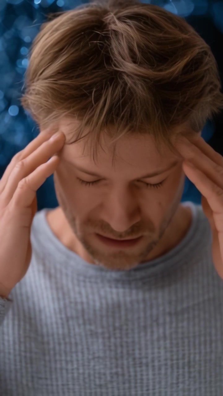 Un uomo che lotta per affrontare lo stress e le emozioni travolgenti, dimostrando il tributo fisico dell'ansia e dello sforzo mentale attraverso gesti ed espressioni.