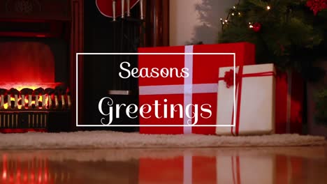 seasons greetings written over christmas presents