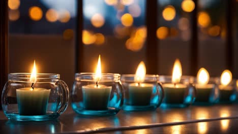 a row of lit candles sitting on top of a table