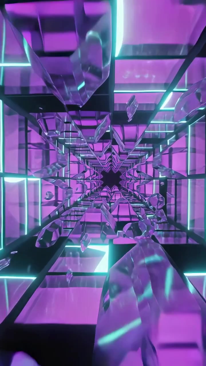 Video verticale: Un tunnel a specchio illuminato al neon si muove in avanti dal primo fotogramma, mostrando frammenti di vetro.