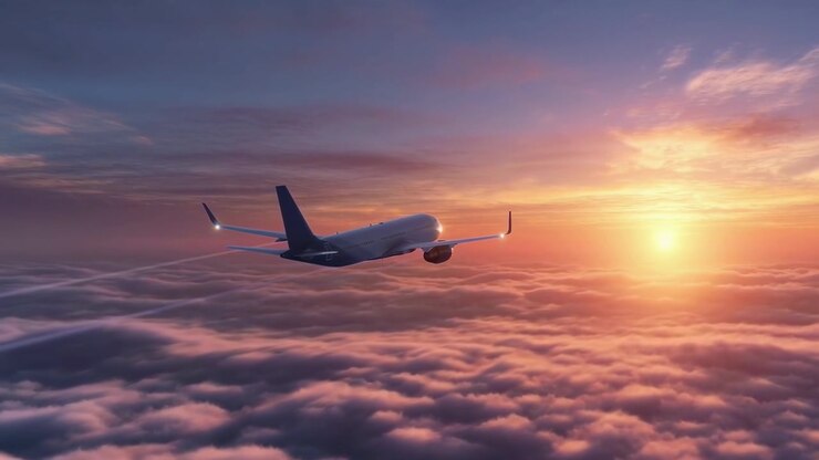 Commercial Airplane Flying Above Clouds at Sunset