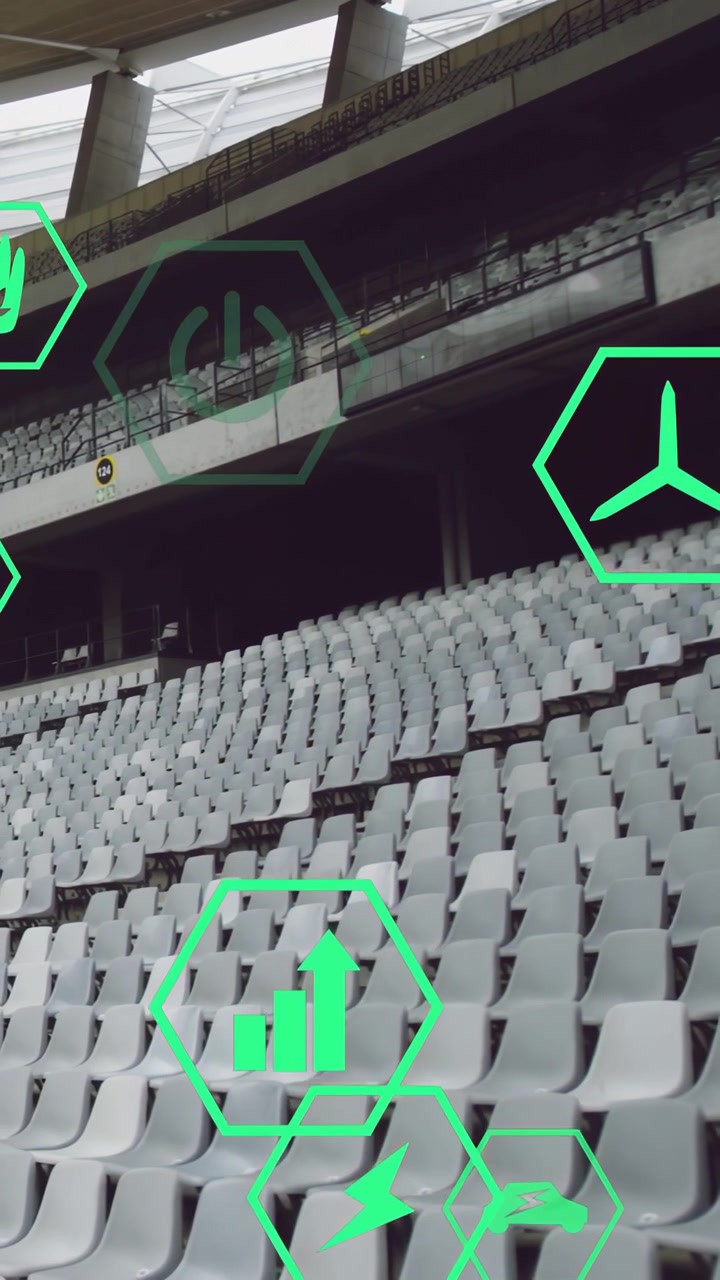 Vertical video: Power hex appearing, neon icons moving and scaling over empty seats, showing data