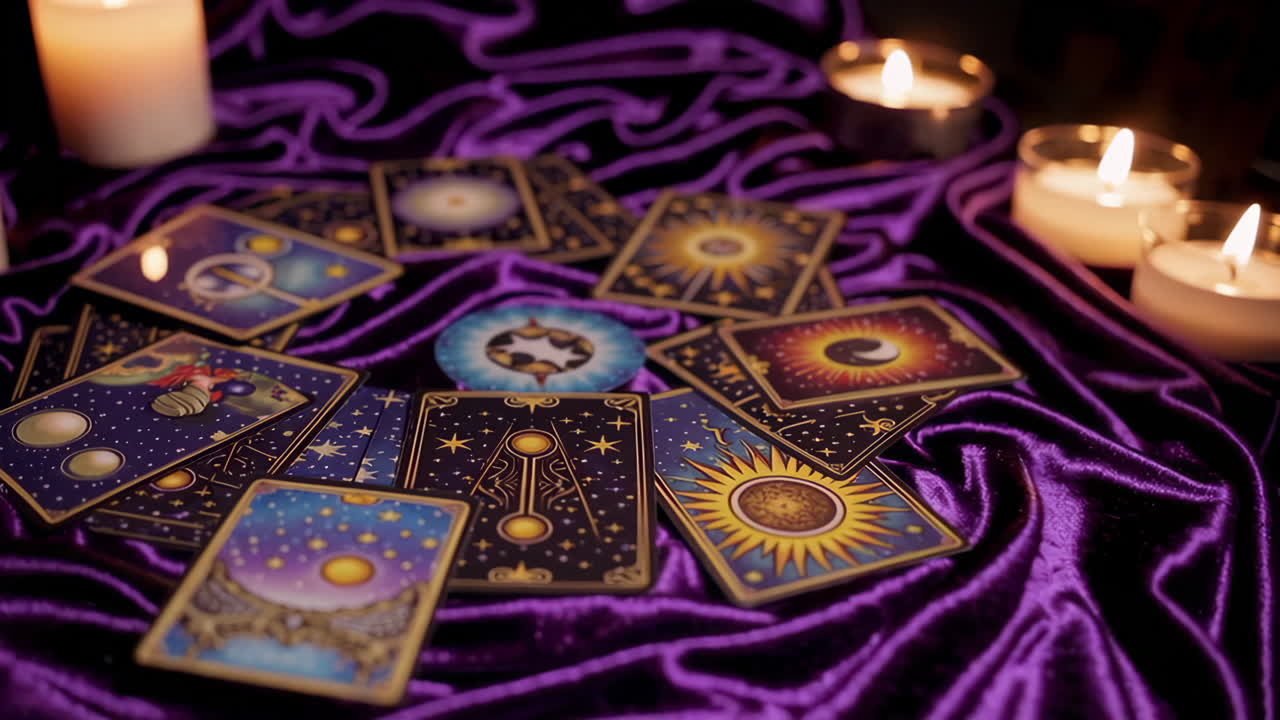 Tarot Cards and Candles on Purple Cloth