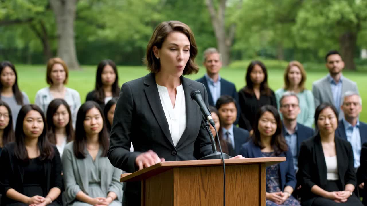 Business Woman Giving Speech at Podium