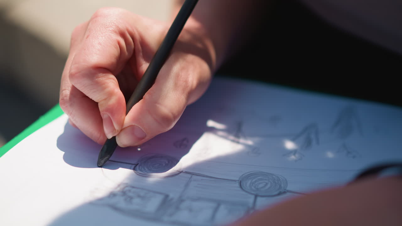 Close up of artist sketching car with pencil on white paper under natural sunlight, shadows adding depth and texture, capturing creative process, focused motion, and delicate linework