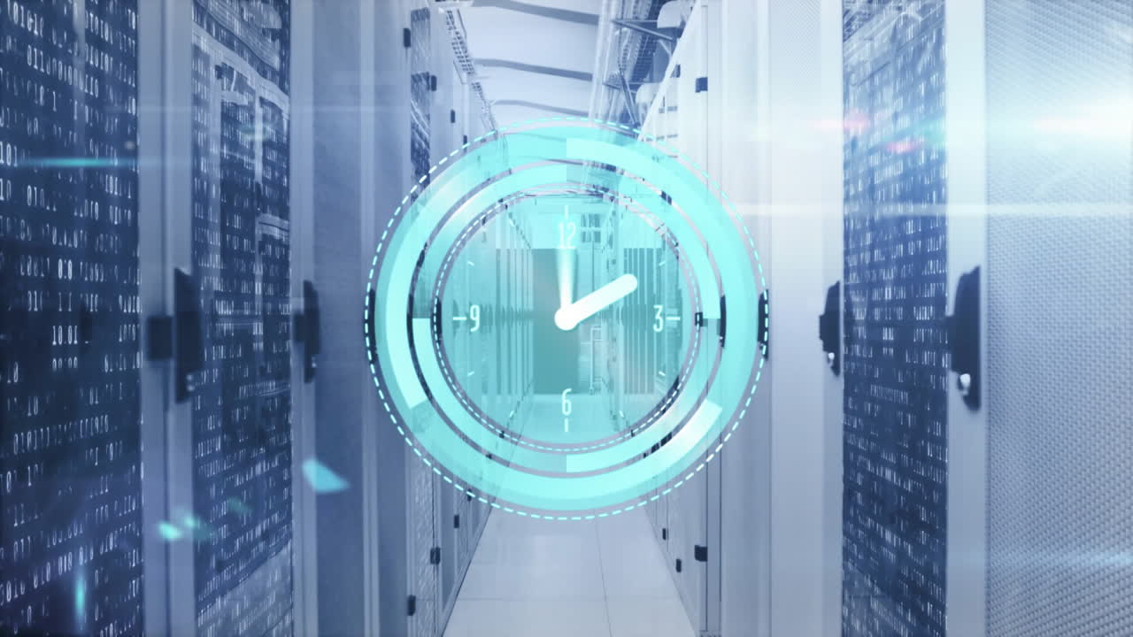 Animation of clock ticking and digital data processing over computer servers