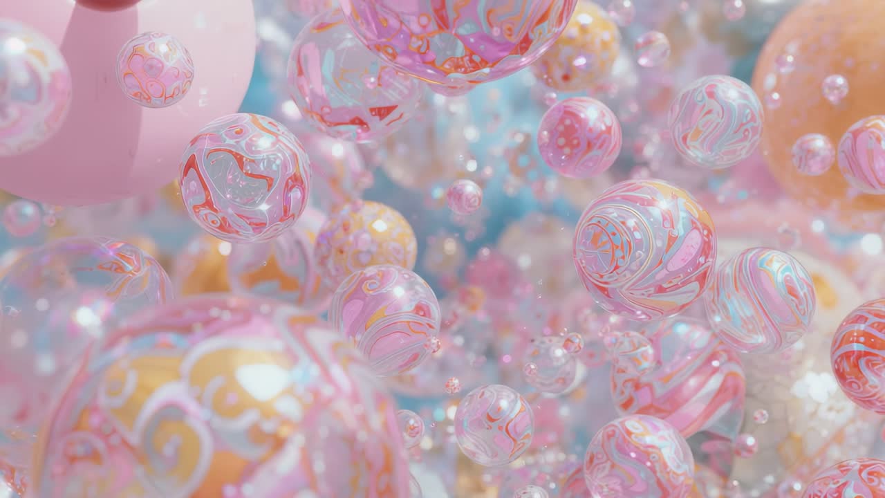 Camera gliding through pastel spheres in 3D space as translucent bubbles weave among rotating orbs