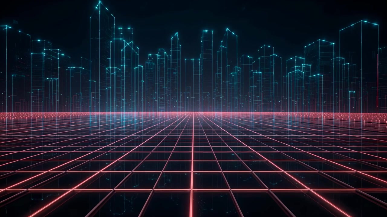 Pulsing pink grid and cyan skyline shifting to horizon drifting particles making glossy reflections