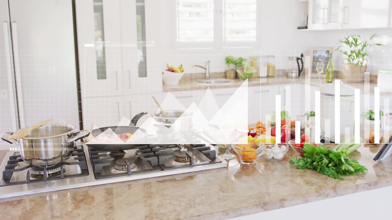 Cooking ingredients on kitchen counter with data visualization animation over