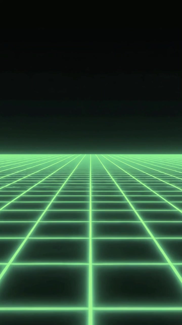 Retro-futuristisk grønt neongitter bevæger sig i virtuelt rum.