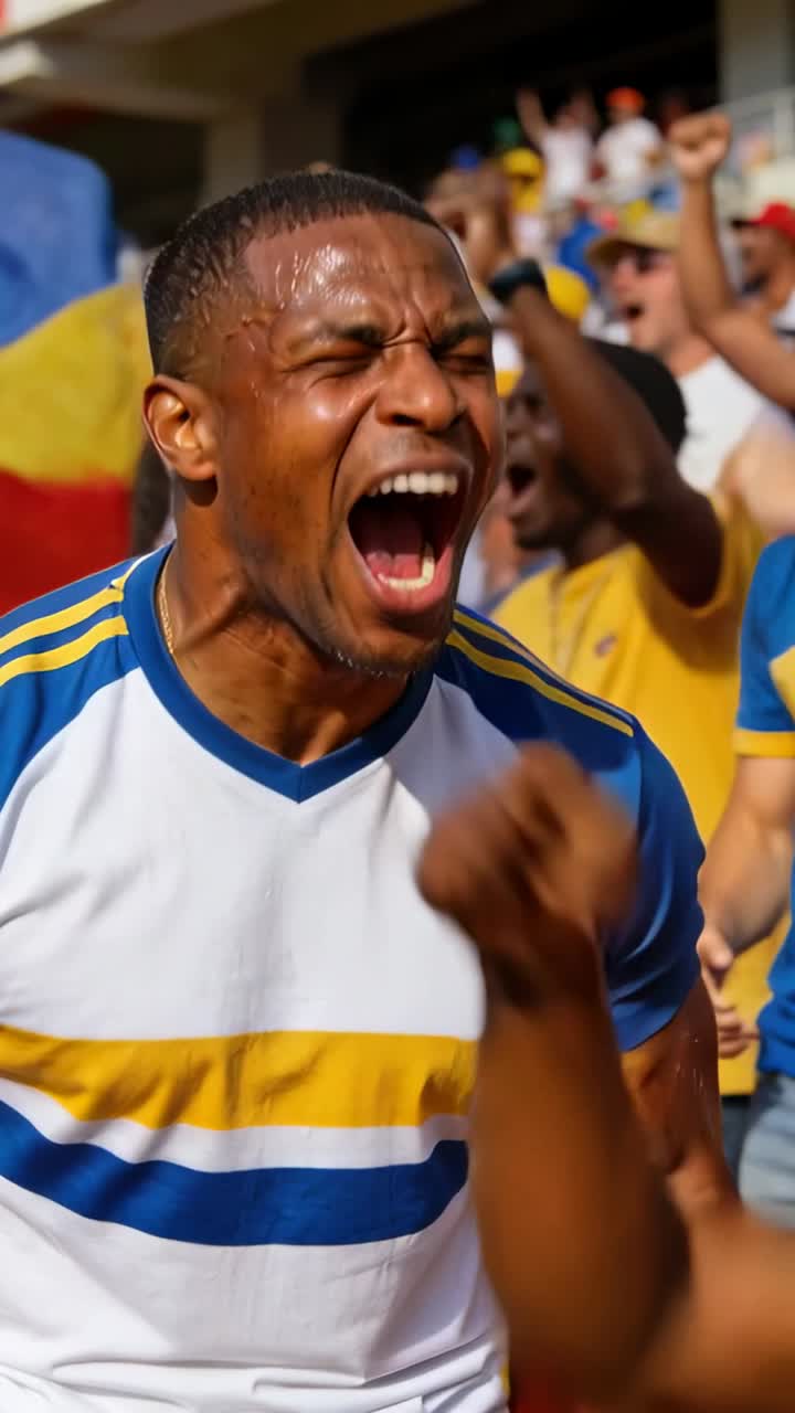 Video vertical: Hombre gritando reaccionando a una jugada, luego viendo el partido en las gradas con camisa de rayas blancas.