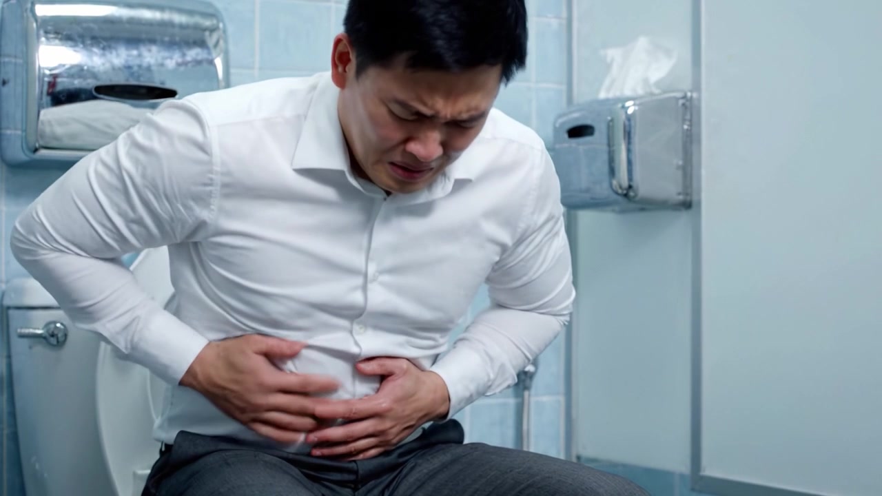 A Man Experiencing Severe Abdominal Pain While Sitting on a Toilet, Captured in Two Frames of Distress and Discomfort in a Bathroom Setting