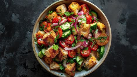 delicious panzanella salad with fresh tomatoes, cucumber, red onion, and croutons