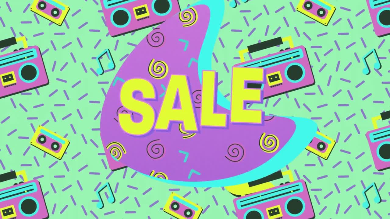 animación del texto de venta sobre el patrón retro sobre fondo verde