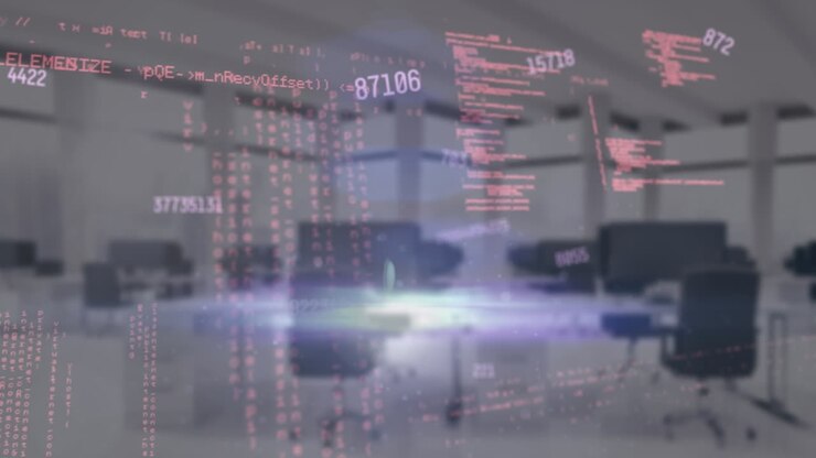 Animation af skiftende tal, databehandling og lysplet over et tomt kontor.
