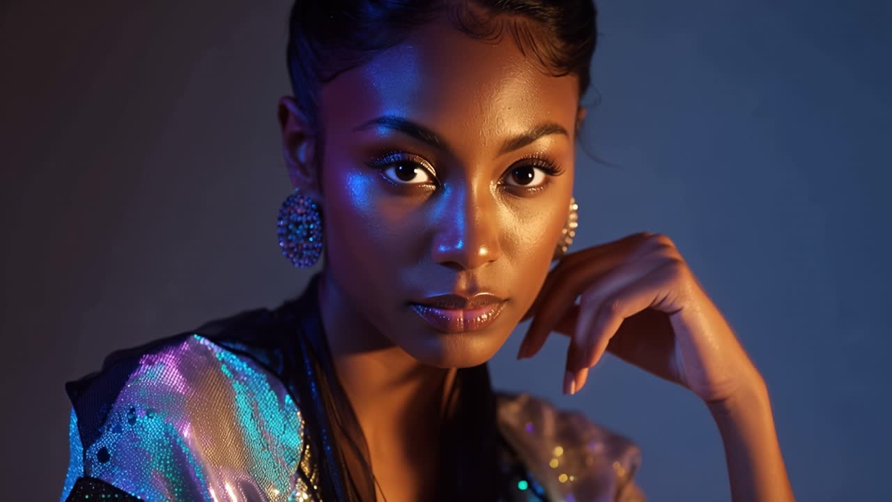 Model gazes softly, illuminated by cool blue and violet hues. Glowing makeup enhances her features with shimmering intensity. She rests her hand near her face, exuding calm confidence