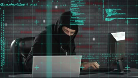 animación del procesamiento de datos sobre un hacker caucásico usando una computadora portátil