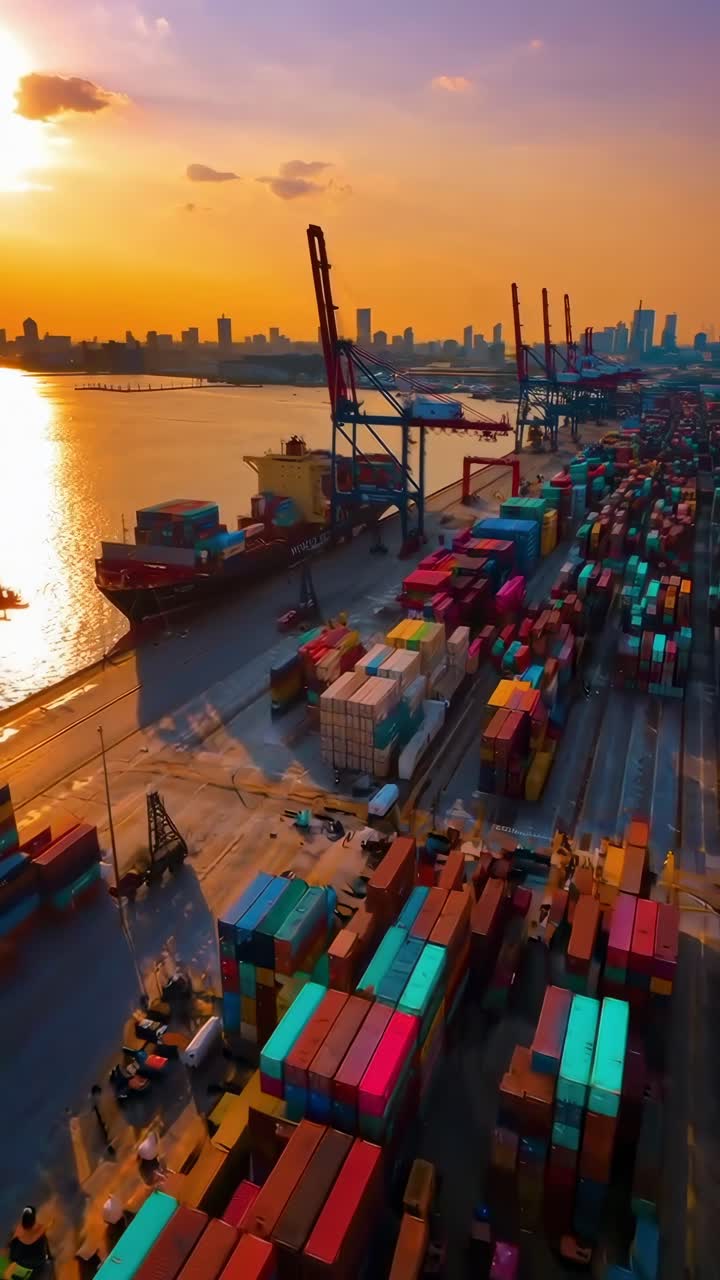 Ripresa video aerea di un porto vivace al tramonto, che mostra container colorati e gru.