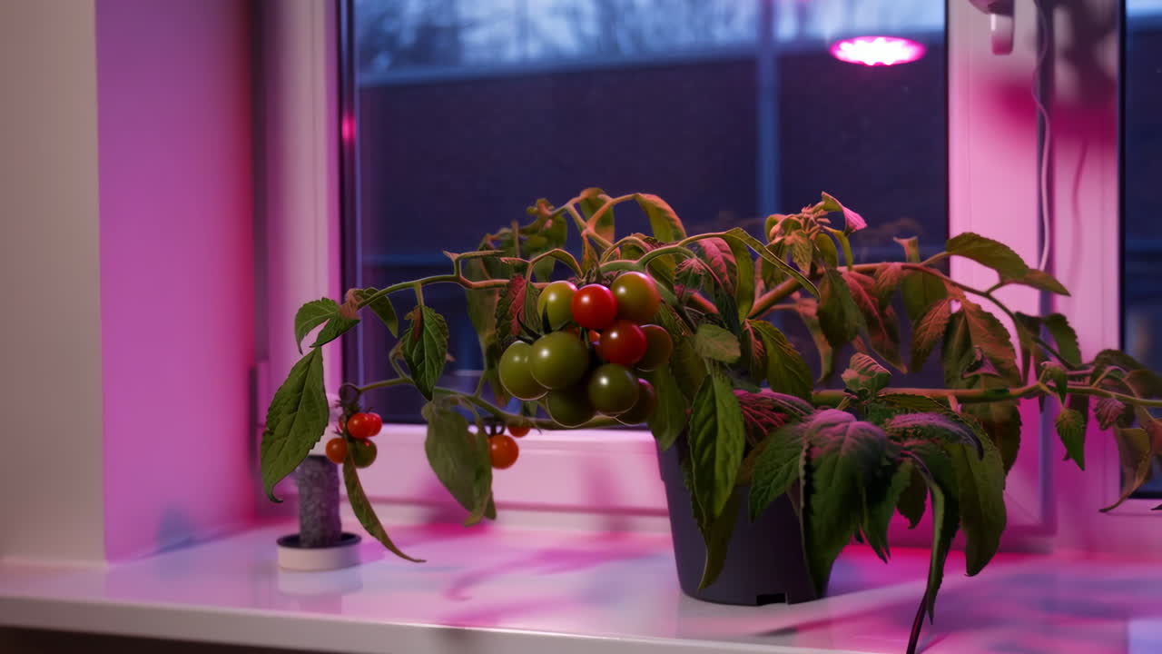 Indoor Cherry Tomato Plant Thriving Under Grow Lights