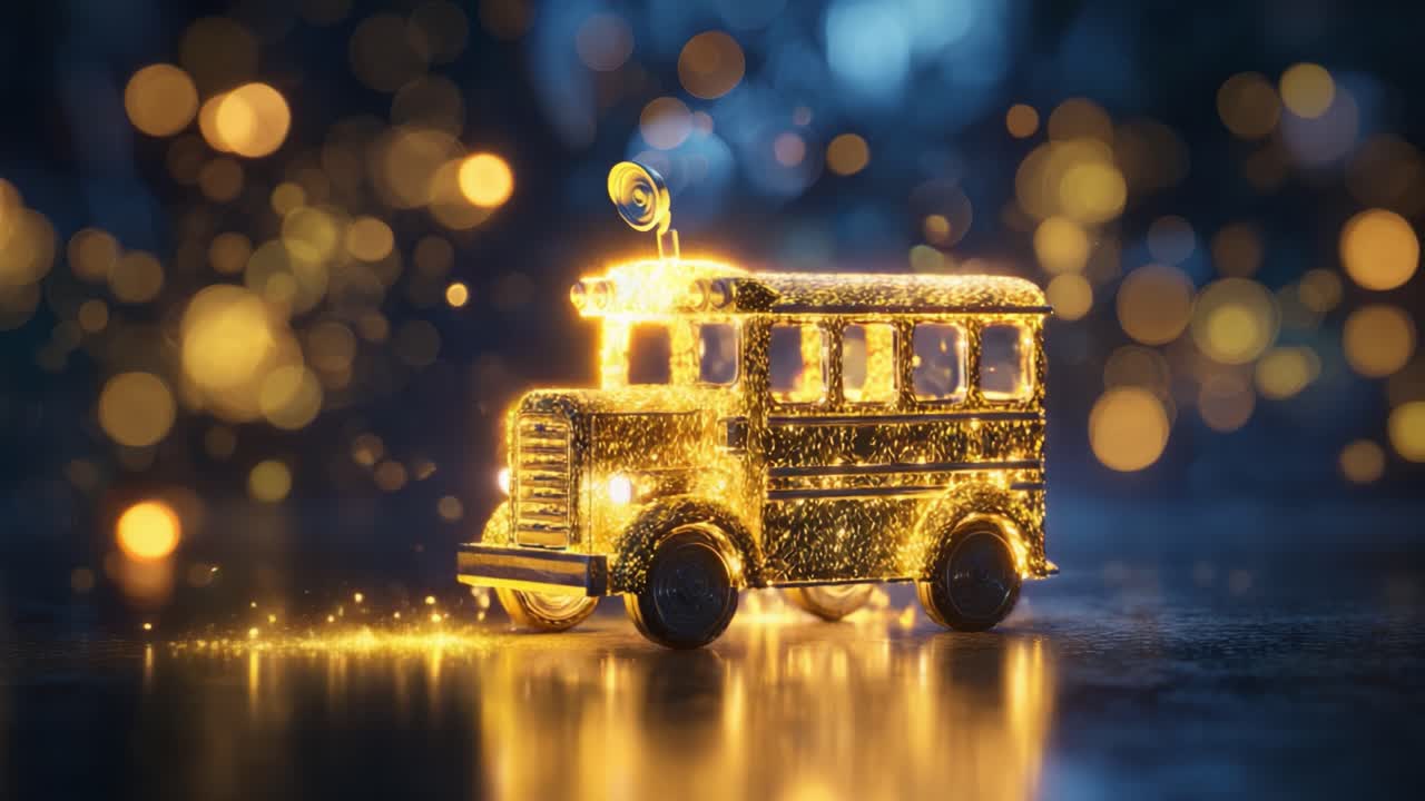 A Charming Glowing Golden Toy Bus Sparkles with Enchantment Against a Dazzling Background of Soft, Blurred Lights in a Magical Scene of Wonder and Delight