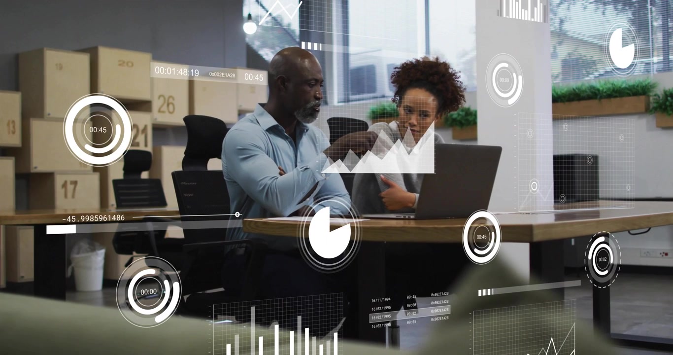 Mature man pointing laptop, activating finance HUD charts as woman reviewing data confirming growth