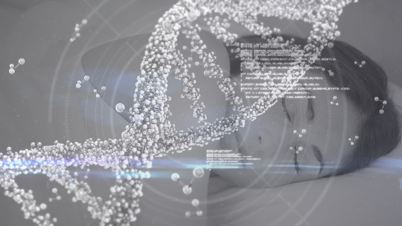 누워있는 백인 여성의 애니메이션: 떠다니는 뉴클레오티드와 dna 나선 및 분자