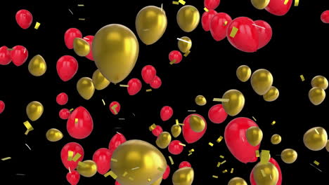 animation of floating red and gold balloons rising and gold confetti falling on black background