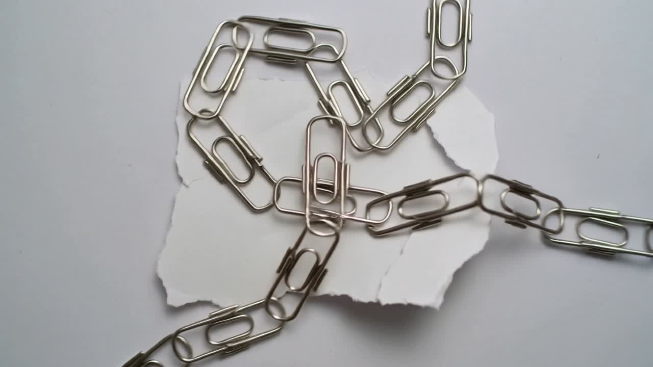 Approaching linked metal clips sliding onto torn paper on smooth white surface, connecting strands