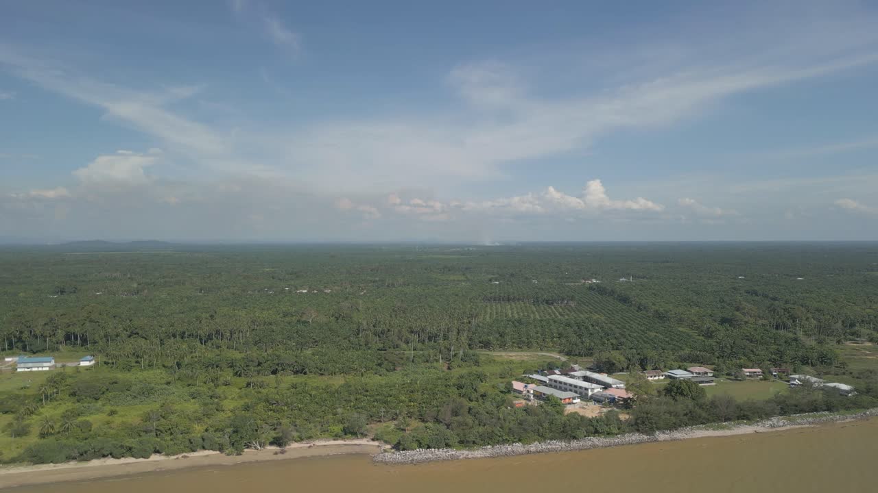 Aerial Drone View During Summer Alit Fishing Village,Kabong With, Facing Open Blue Sea, White Sandy Beach,Green Coconut, Palm Trees,And River,Sarawak,Borneo