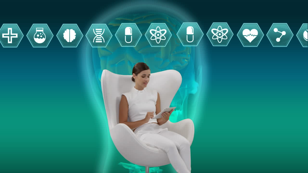 mujer sentada en una silla con una ilustración de cabeza humana