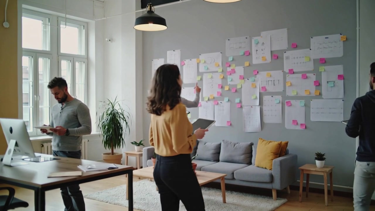 Starting planning with man reading tablet, team in office wear placing sticky notes on grey wall