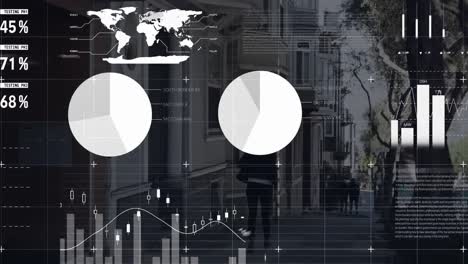 animation of statistics and financial data processing over woman walking in city street