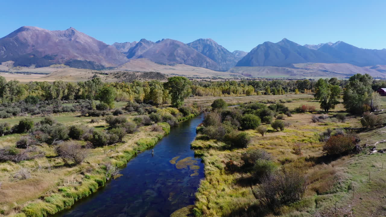 Incredibile paesaggio con fiume, vegetazione verde e alte montagne sullo sfondo