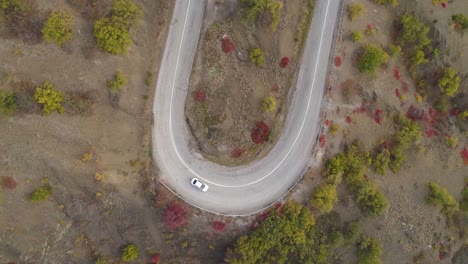 white car goes on turn of serpentine mountain road. aerial vertical top view. drone is rotating