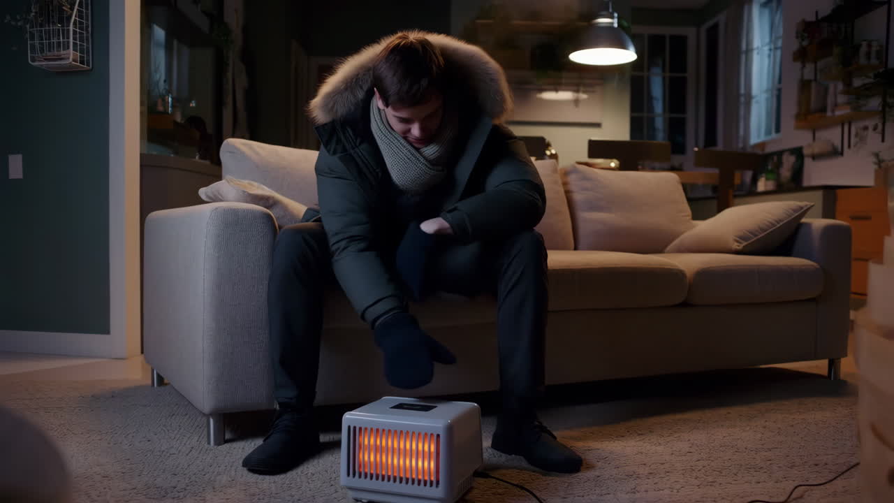 Homem Sentindo Frio Dentro de Casa, Tentando se Aquecer com um Aquecedor Portátil